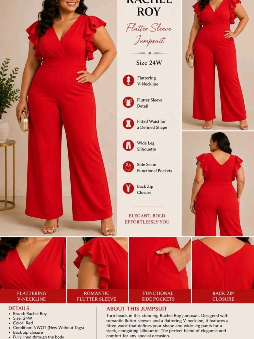 Rachel Roy Plus Size 24W Red Flutter Sleeve Wide Leg Jumpsuit NWOT